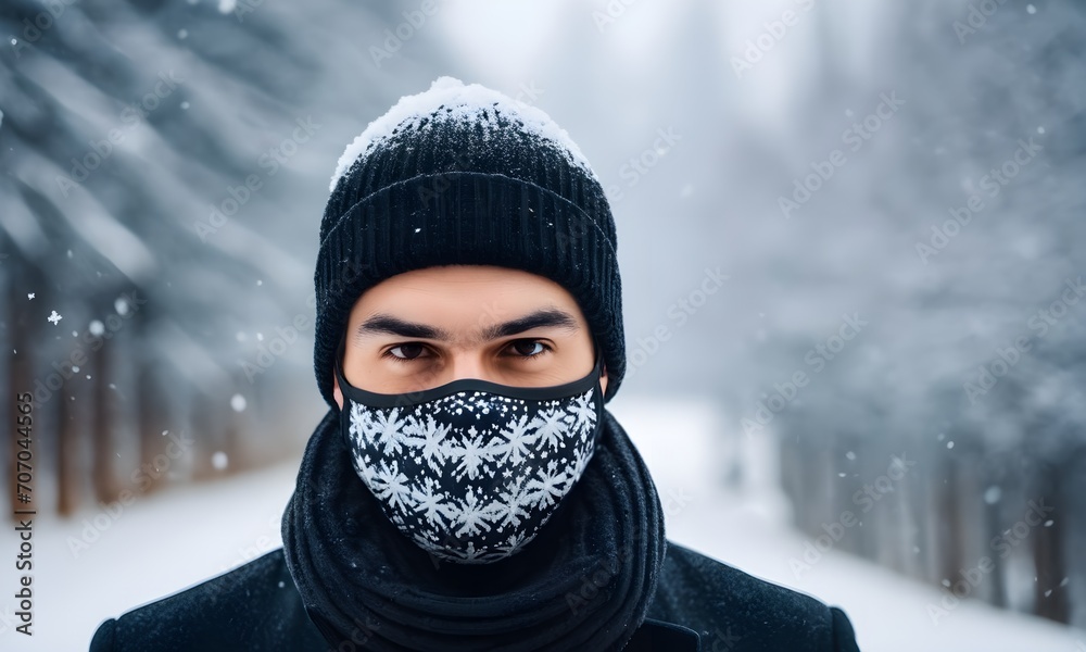 a man with hat in a medical mask in winter a man with hat in a medical mask in winter