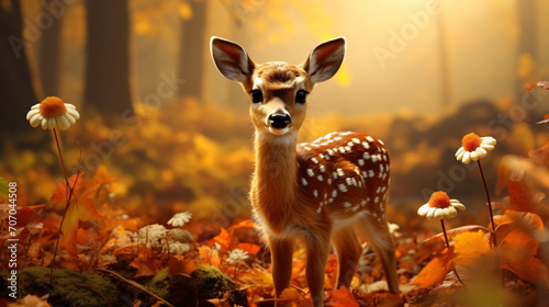 Deer baby standing in the forest with autumn leaves, in the style of photo-realistic landscapes, bokeh, wimmelbilder, hyperrealistic animal portraits, photo taken with provia, cute and colorful, cabin