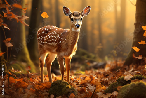 Deer baby standing in the forest with autumn leaves  in the style of photo-realistic landscapes  bokeh  wimmelbilder  hyperrealistic animal portraits  photo taken with provia  cute and colorful  cabin