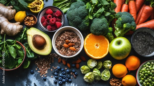 Healthy food clean eating selection: fruit, vegetable, superfoods, seeds, superfoods and vitamins photo