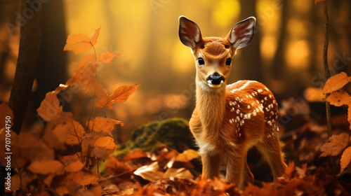 Deer baby standing in the forest with autumn leaves, in the style of photo-realistic landscapes, bokeh, wimmelbilder, hyperrealistic animal portraits, photo taken with provia, cute and colorful, cabin © Possibility Pages