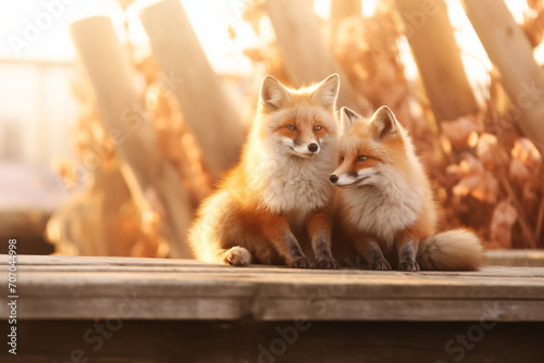 Couple foxes sitting on a wooden boardwalk, in the style of macro photography, light red and amber, babycore, eastern brushwork, rtx on, quadratura, wimmelbilder