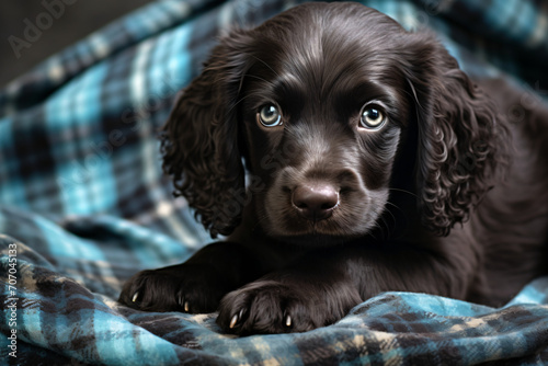 Black spaniel puppy on blanket, in the style of dark turquoise and dark brown, dreamy and romantic compositions, cinestill 50d, wimmelbilder, unprimed canvas, soft-focus, linear patterns

 photo