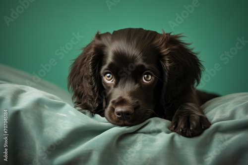 Black spaniel puppy on blanket, in the style of dark turquoise and dark brown, dreamy and romantic compositions, cinestill 50d, wimmelbilder, unprimed canvas, soft-focus, linear patterns

 photo