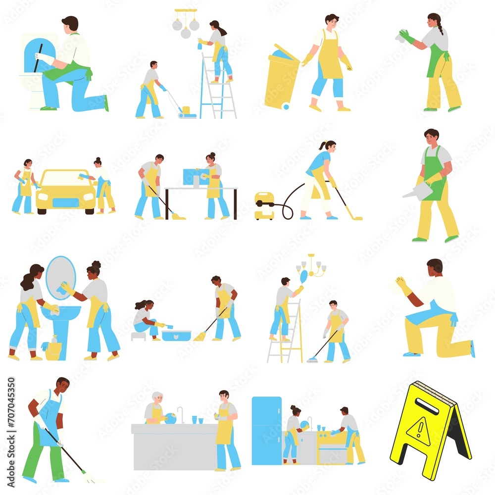cartoons of janitor in uniform holding photos of different lifestyle and posing: outdoor cleaner working sweeping, picking up trash and leaves. Drawing