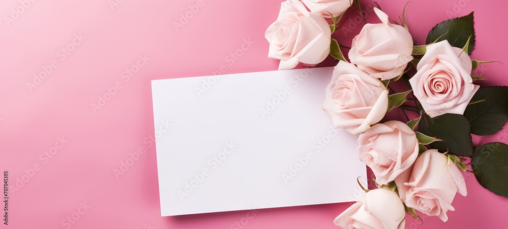 Mother's Day, spring, valentine's day or other celebration holiday concept greeting card temoplate - Pink roses wand hite empty rectangular paper note frame on pink table texture background, top view