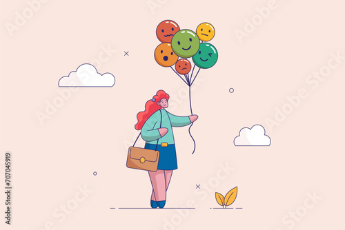 Emotional control concept. Self regulation, stressed management or mental health awareness, feeling and expression, calm woman holding balloons with emotion or expression faces, happy, sad or fear.