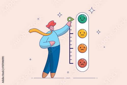 Customer feedback giving rating based on experience or quality from product and service. User feedback and rating , man trying to push customer feedback bar to be excellent smile