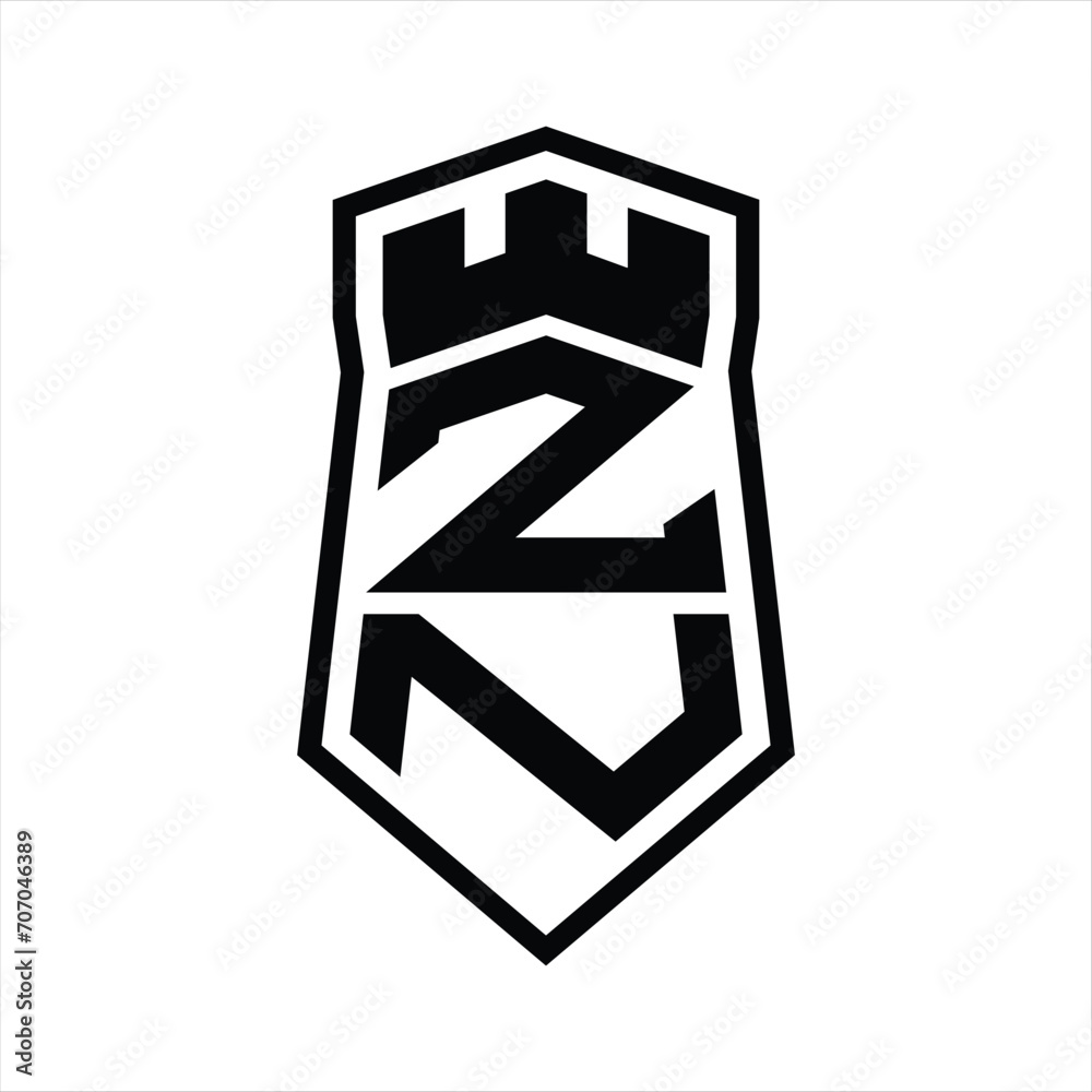 ZN Letter Logo monogram hexagon shield shape up and down with crown castle isolated style design ZN Letter Logo monogram hexagon shield shape up and down with crown castle isolated style design