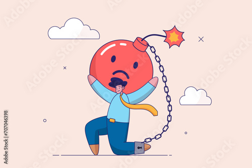 Emotional causing problem concept. Stressed burden, anxiety or negative thinking, anger, mental health or depression, overworked or overwhelmed, depressed businessman chain with sad face burden.