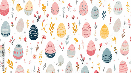 Cute hand drawn hanging easter eggs horizontal seamless pattern, fun garland, great for textiles, banners, wallpapers, easter cards and wrapping