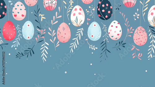 Cute hand drawn hanging easter eggs horizontal seamless pattern, fun garland, great for textiles, banners, wallpapers, easter cards and wrapping