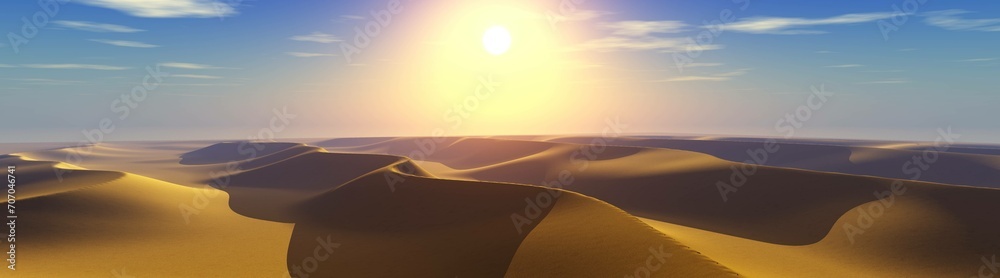 Sand desert, sunset panorama over dunes in sand desert, 3D rendering
