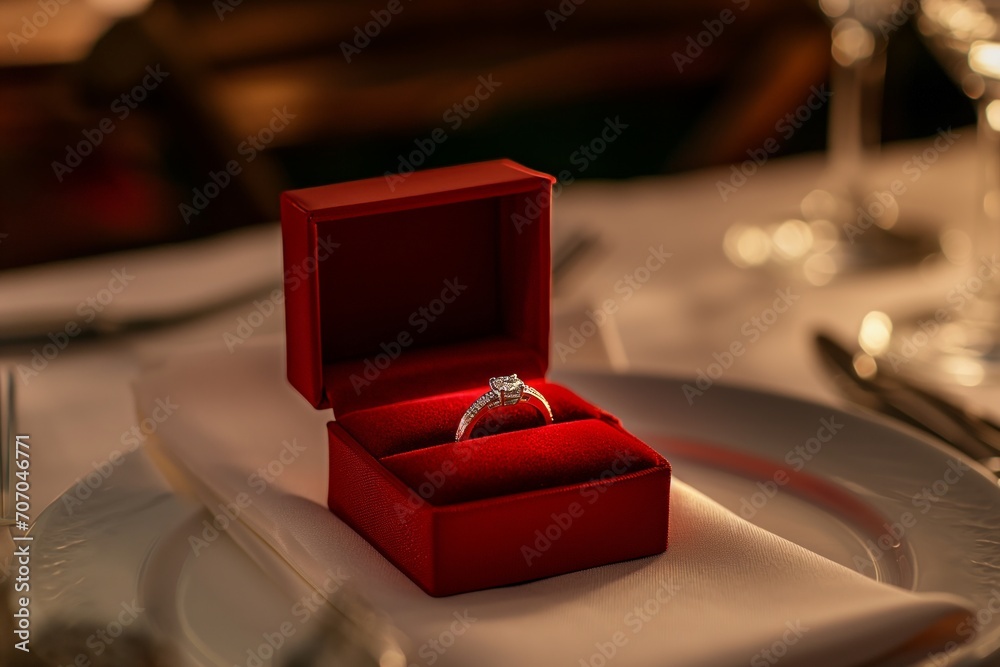 Engagement ring in a red box on a served table. Valentines Day dinner Engagement ring in a red box on a served table. Valentines Day dinner