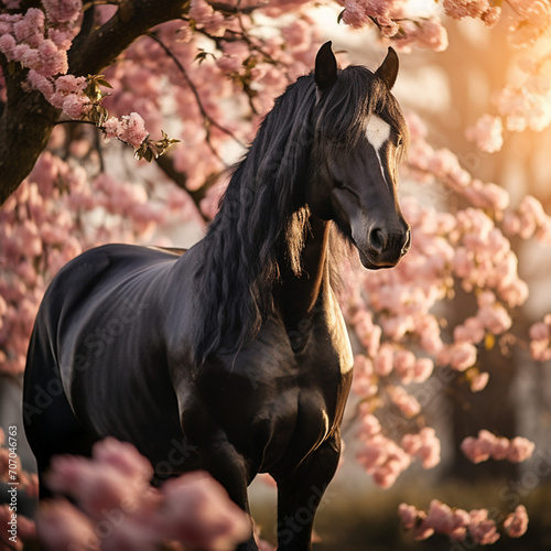 beautiful friesian horse in a spring park with magnolia flowers at sunset