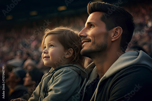 Their faces are illuminated by the field's lights, reflecting the joy and anticipation of the game. This heartwarming scene captures the essence of family bonding and the thrill of live sports photo