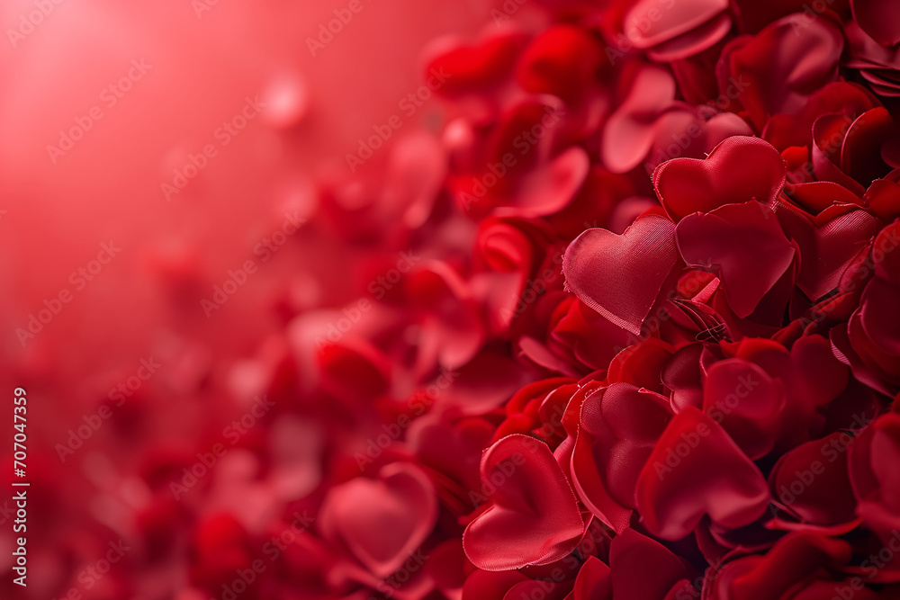 Red color abstract background surrounded by romantic atmosphere of floating hearts. Saint Valentine's Day 