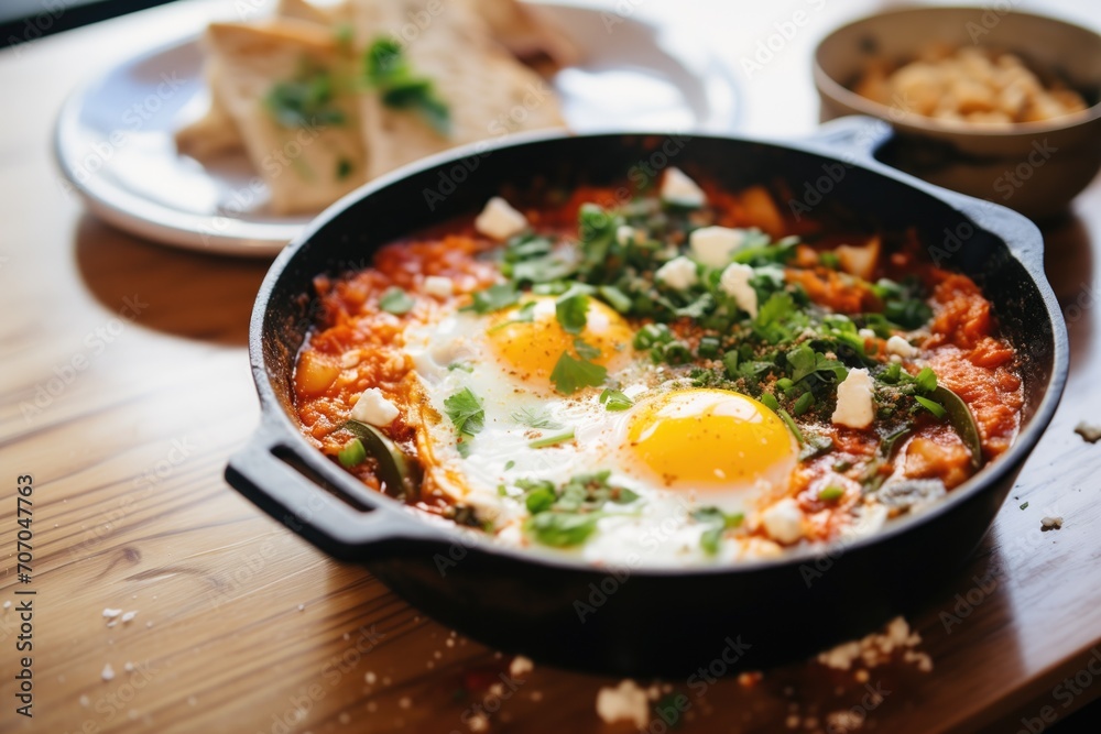 shakshuka with feta chunks, focused on cheese texture