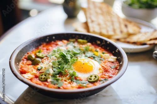 shakshuka with feta chunks, focused on cheese texture