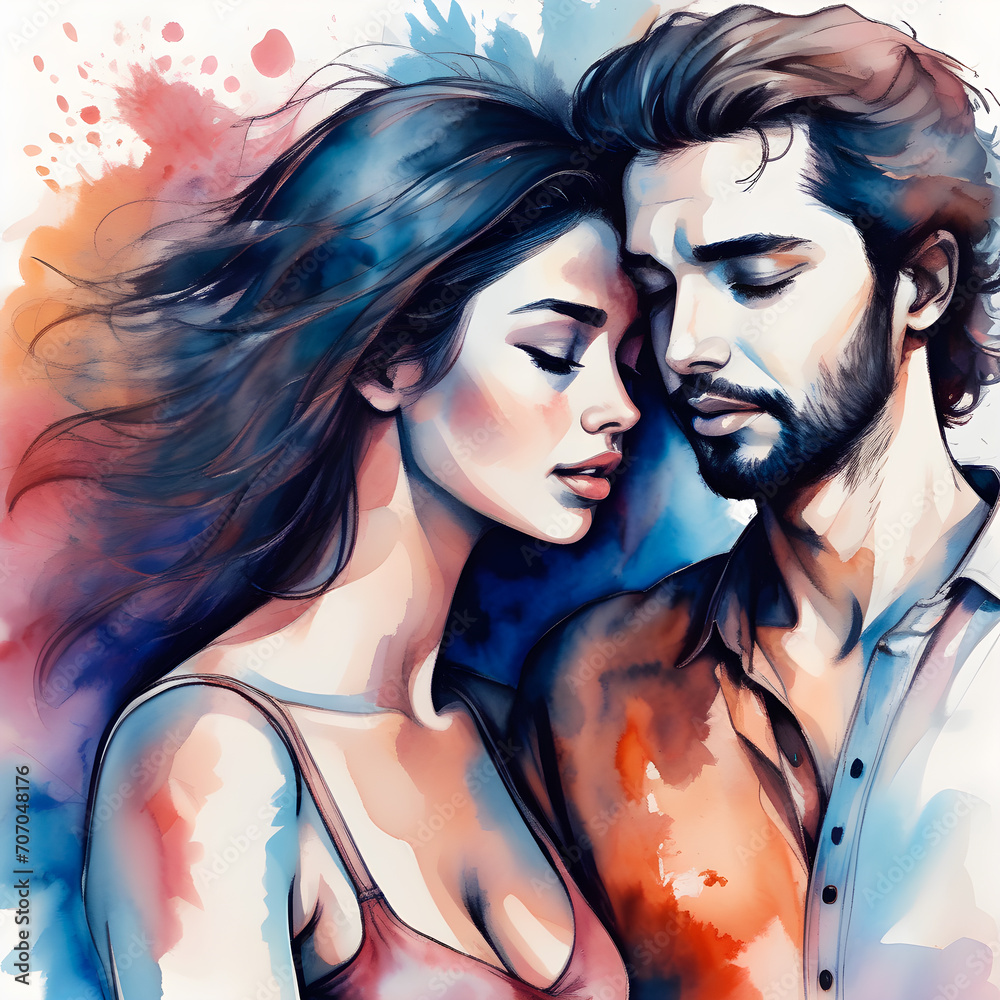 Watercolor illustration. Young couple in love