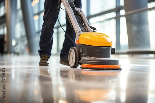 Worker cleaning floor with high speed machine photo