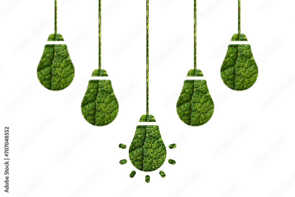 Health care concep. Green Energy. Light bulbs made of green leaf on white background. Sustainable Climate Visuals