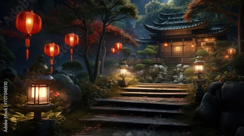 Traditional Chinese house with hanging lantern decoration