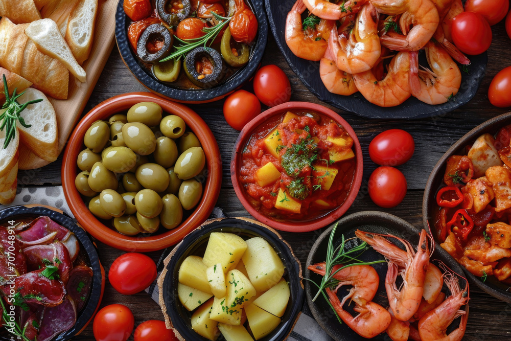 An assortment of Spanish tapas, featuring stuffed olives, patatas bravas, and gambas al ajillo