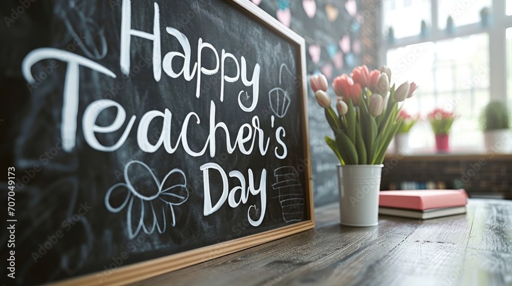 A classroom scene with "Happy Teacher's Day" written on a chalkboard, accompanied by a vase of tulips and a closed book. - obrazy, fototapety, plakaty 