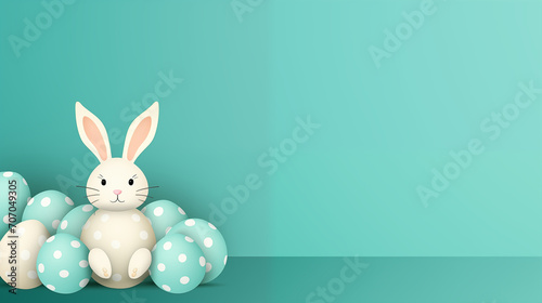 Easter bunnies and eggs greeting card. Paper rabbit on polka dot turquoise background. Vector illustration