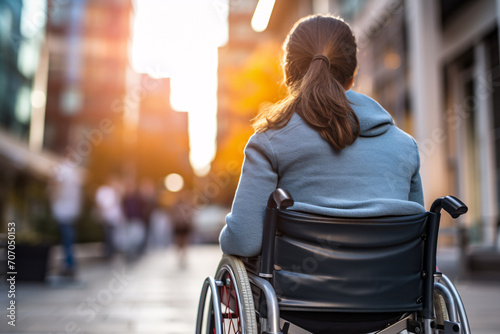 Back view of disabled woman in wheelchair with blurry city street in background photo