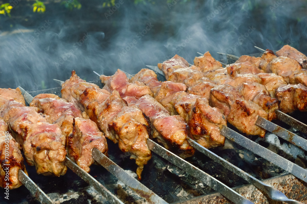 close-up - cooking barbecue on sticks on the grill close-up - cooking barbecue on sticks on the grill