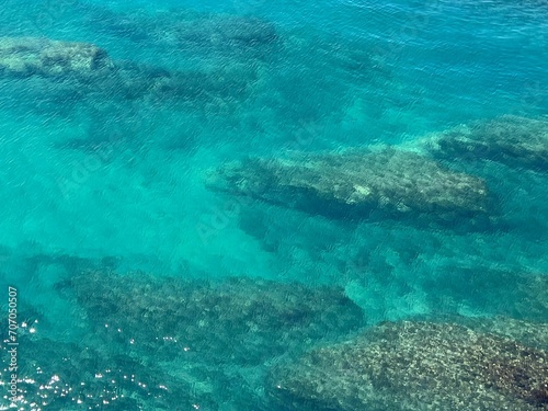 Blue clear sea water beautiful calm surface aerial view 