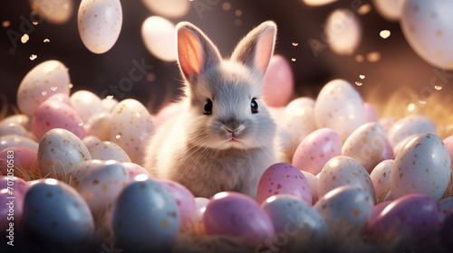 Cute baby rabbit as easter bunny sitting in easter egg as easter background wallpaper design