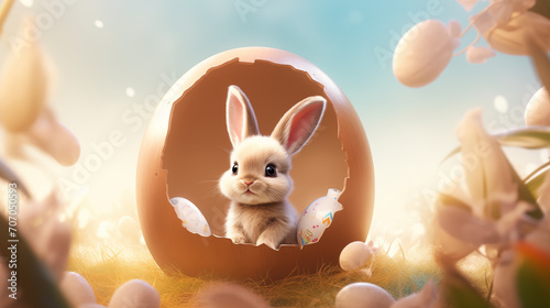 Cute baby rabbit as easter bunny sitting in easter egg as easter background wallpaper design