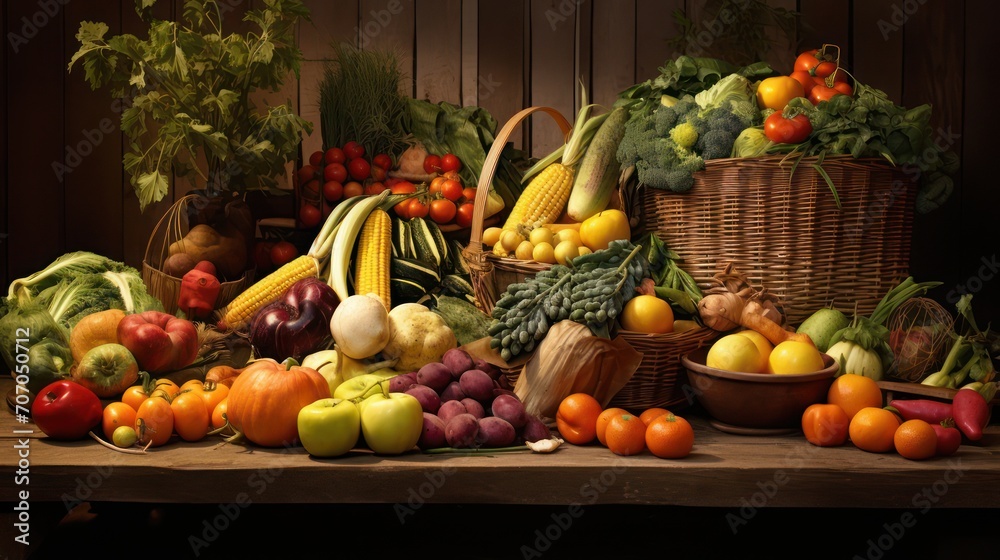 Fresh organic vegetables and fruits harvested on a traditional farm.