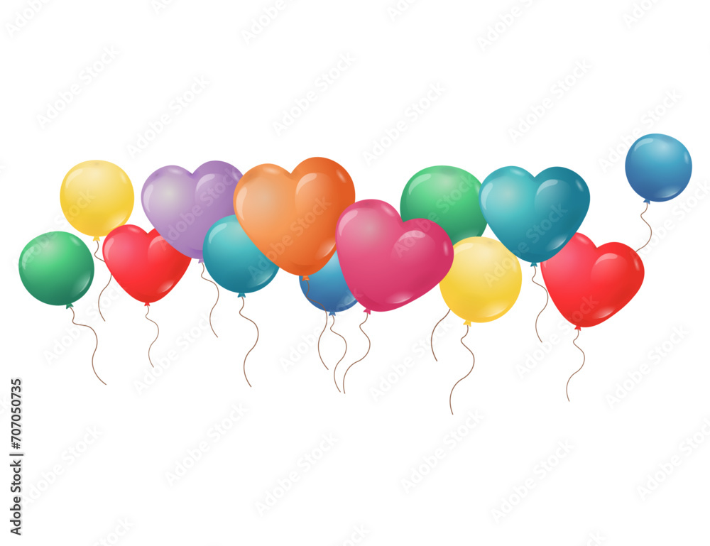 Balloons in cartoon flat style. Set of multi-colored heart-shaped and round balloons. Bright balloons. Vector illustration on a white background. Children's illustration of balloons. Balloons in cartoon flat style. Set of multi-colored heart-shaped and round balloons. Bright balloons. Vector illustration on a white background. Children's illustration of balloons.