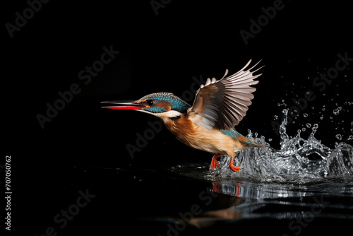 detailled close-up of a kingfisher flying out of the water in front of black background