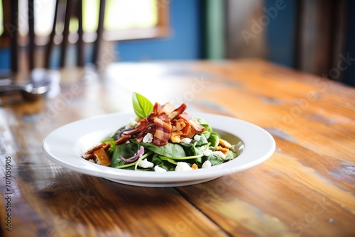 spinach salad with crispy bacon and goat cheese on rustic wood