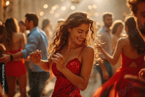group of people dancing in street, happy female, salsa