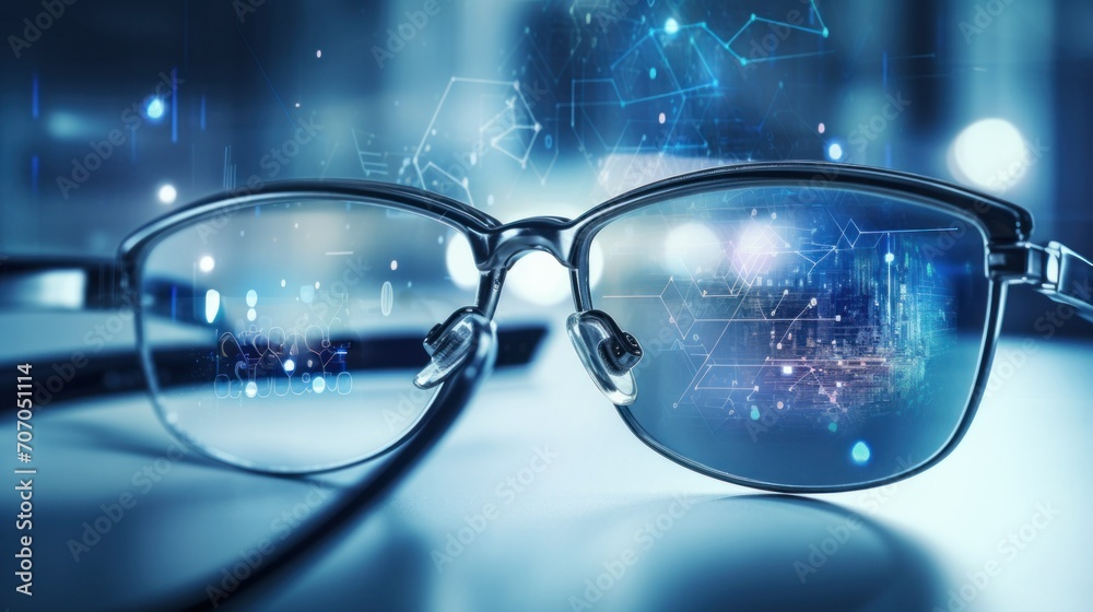 Artificial intelligence AI in Healthcare. Pair of digital eyeglasses overlaid with healthcare and AI symbols, suggesting AI's role in enhancing vision care and ophthalmology Artificial intelligence AI in Healthcare. Pair of digital eyeglasses overlaid with healthcare and AI symbols, suggesting AI's role in enhancing vision care and ophthalmology