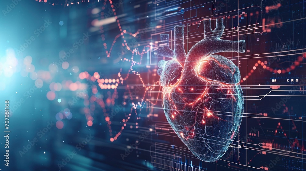 Heartbeat line transforming into a digital AI code, AI role in real-time patient monitoring and heart health management. Advanced AI technology for cardiac care Heartbeat line transforming into a digital AI code, AI role in real-time patient monitoring and heart health management. Advanced AI technology for cardiac care