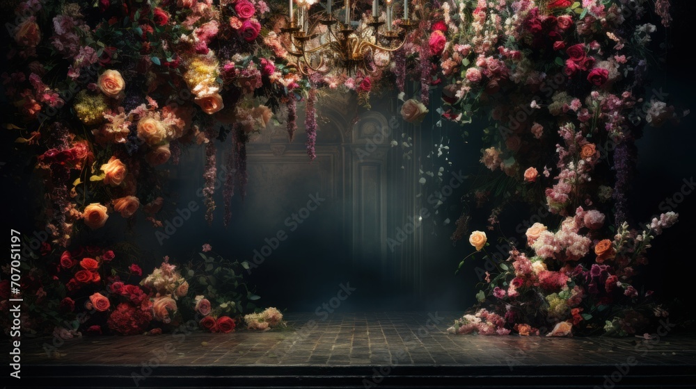 Enchanted Flower Archway in Mystical Setting. An ethereal archway adorned with a lush array of flowers, creating a magical atmosphere that could inspire settings for events or fantasy scenes.
