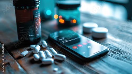 Smartphone and Supplements for Biohacking Lifestyle. A contemporary biohacking scene with a smartphone displaying health apps, alongside supplements and modern decor on home table.