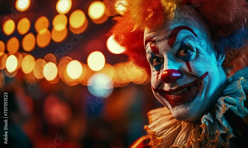 Cheerful clown with a painted smile in a festive atmosphere, illuminated by soft lights.