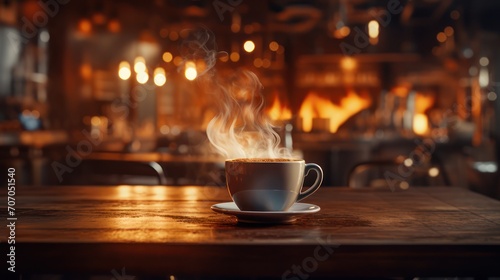 A cup of hot coffee is served  on a wooden cafe table at night.