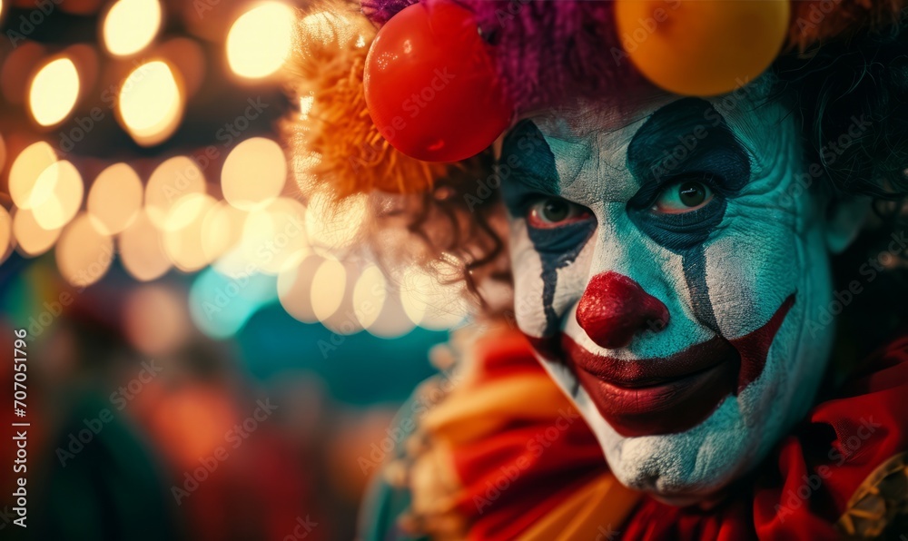 Cheerful clown with a painted smile in a festive atmosphere, illuminated by soft lights. Cheerful clown with a painted smile in a festive atmosphere, illuminated by soft lights.