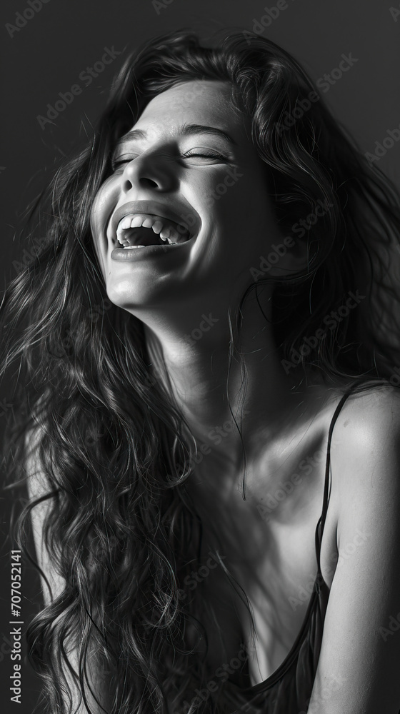 Joyful Moments: A Happy Female Model Posing and Laughing in a Black and White Portrait, Capturing the Beauty of Laughter. A Pretty Girl's Portrait Radiating Joy and Laughter Joyful Moments: A Happy Female Model Posing and Laughing in a Black and White Portrait, Capturing the Beauty of Laughter. A Pretty Girl's Portrait Radiating Joy and Laughter