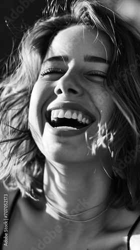 Joyful Moments: A Happy Female Model Posing and Laughing in a Black and White Portrait, Capturing the Beauty of Laughter. A Pretty Girl's Portrait Radiating Joy and Laughter