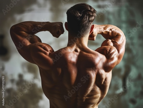 Muscular man flexing his back muscles, showcasing strength and fitness.